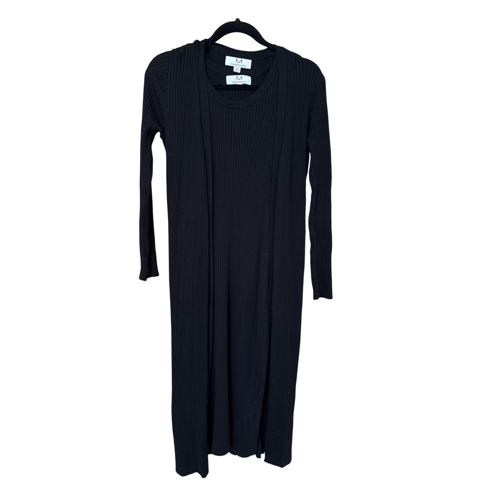 Magaschoni Ribbed Midi Dress Cardigan Set Womens Black Knit SIZE S